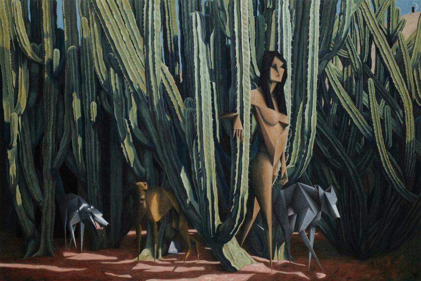 a nude woman wanders through cacti while dogs surround her