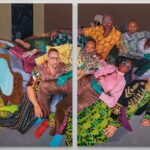 a diptych featuring six people in vibrant patterned clothes lounging together on a sofa and chair