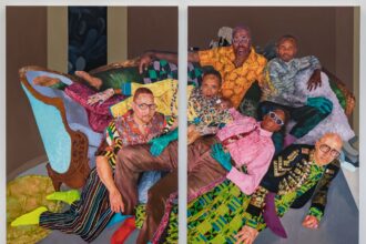 a diptych featuring six people in vibrant patterned clothes lounging together on a sofa and chair