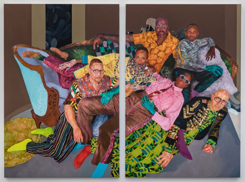 a diptych featuring six people in vibrant patterned clothes lounging together on a sofa and chair