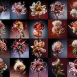 a grid of vibrant, otherworldly flowers, some with insects, water droplets, and various tendtrils