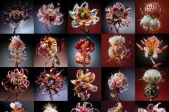 a grid of vibrant, otherworldly flowers, some with insects, water droplets, and various tendtrils