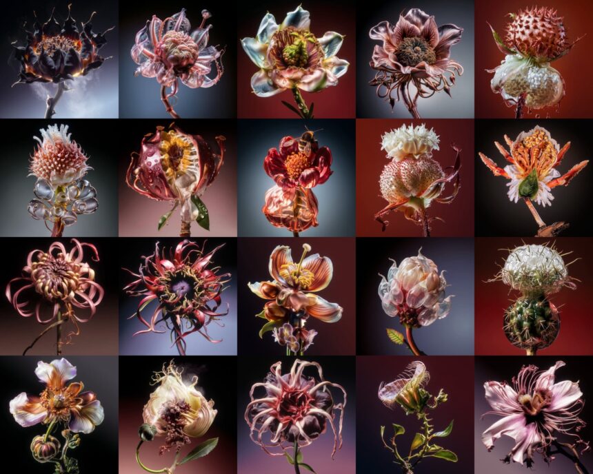 a grid of vibrant, otherworldly flowers, some with insects, water droplets, and various tendtrils