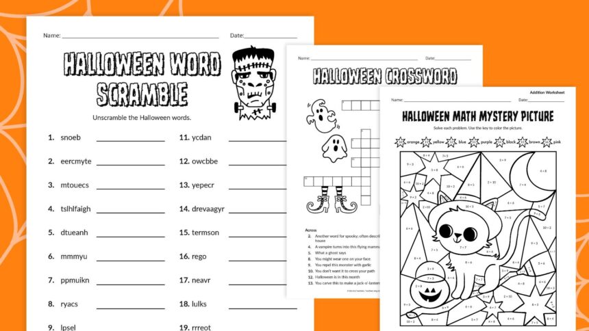 Flat lays of Halloween worksheets