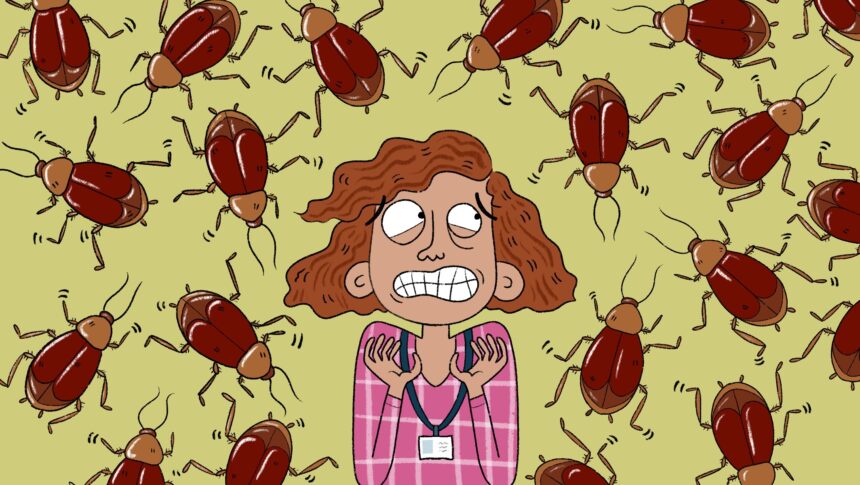 Illustration of teacher where a school is infested with roaches