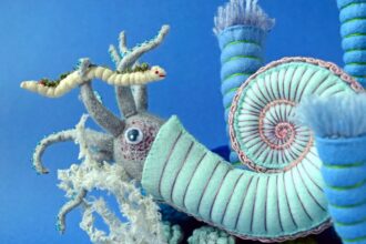 a detail of a plush blue ammonite and worm