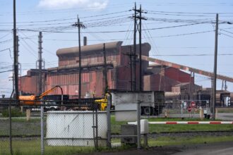 A red rusting plant sits next to an electric line