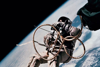 NASA astronaut Ed White free floating in space during a spacewalk in 1965.