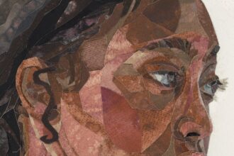 a detail of an elaborately collaged portrait of a black woman