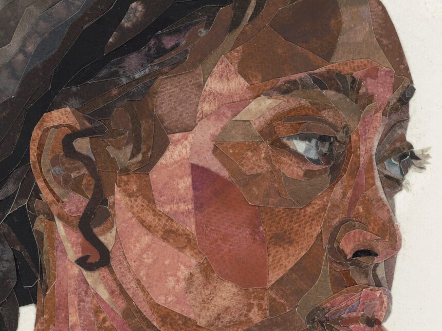 a detail of an elaborately collaged portrait of a black woman