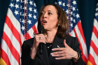 Photo of Kamala Harris speaking into a microphone with American flags in the background