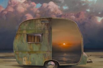 a painting of a trailer camper with half the side revealing a sunset. pink and white clouds float in the background