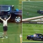 Shirtless suspect drives onto University of Colorado football field after nearly striking bystander in hit-and-run rampage