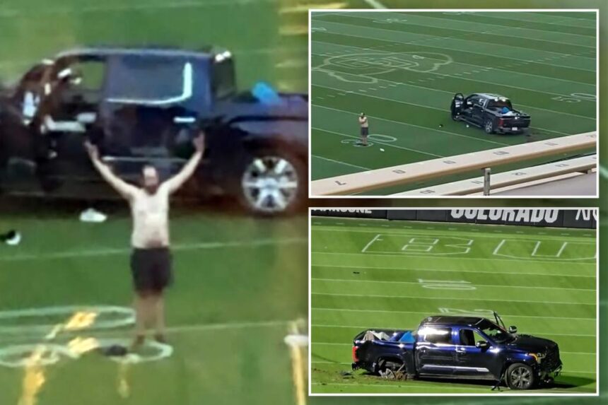 Shirtless suspect drives onto University of Colorado football field after nearly striking bystander in hit-and-run rampage