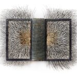 an altered hardcover book with its pages splayed outward and spliced into narrow, capillary-like slivers that have a symmetrical look. the spine of the book in the middle reads, "An African Survey."