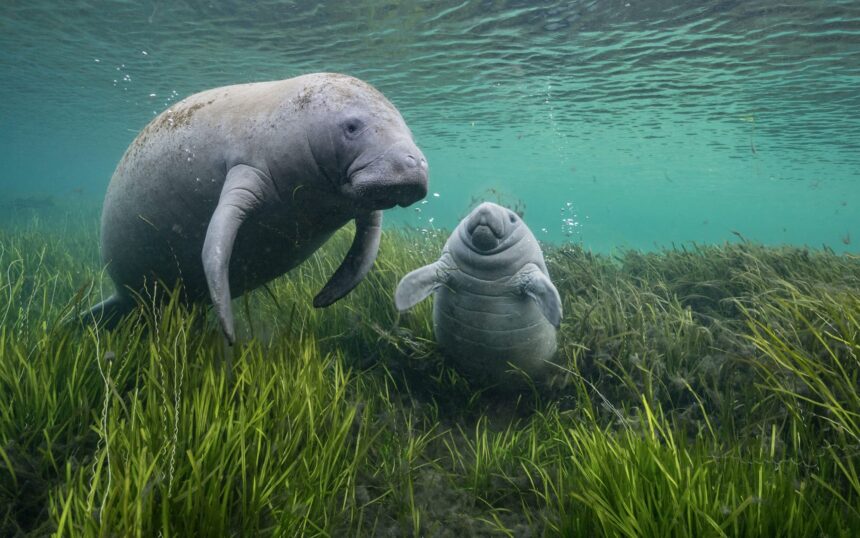 a manatee and her baby rest on grass below the water