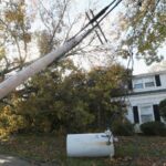 An electrical transformer, power lines and a tree rest in the yard of a house.