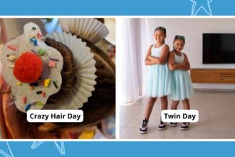 Collage of school theme days, including Crazy Hair Day and Twin Day