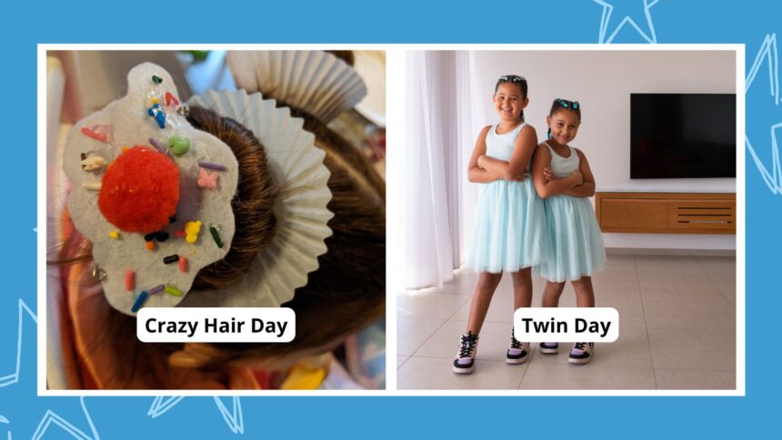 Collage of school theme days, including Crazy Hair Day and Twin Day