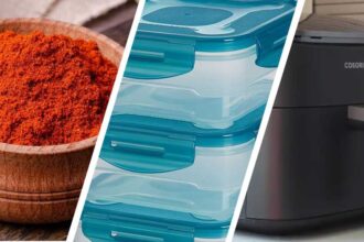 Images of spice, Tupperware containers and an air fryer