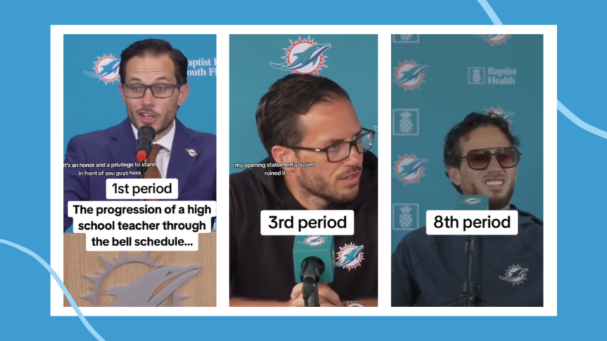 This teacher uses clips of the Miami Dolphins coach to illustrate how teachers brains deteriorate throughout the day of teaching.