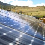 A worker cleans the panels in a solar power park in Guanacaste, Costa Rica.