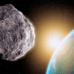 An asteroid floats in space in the foreground, with the Earth in the background.