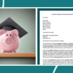 Piggy bank wearing graduation cap next to a college scholarship recommendation letter example letter.