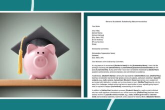 Piggy bank wearing graduation cap next to a college scholarship recommendation letter example letter.