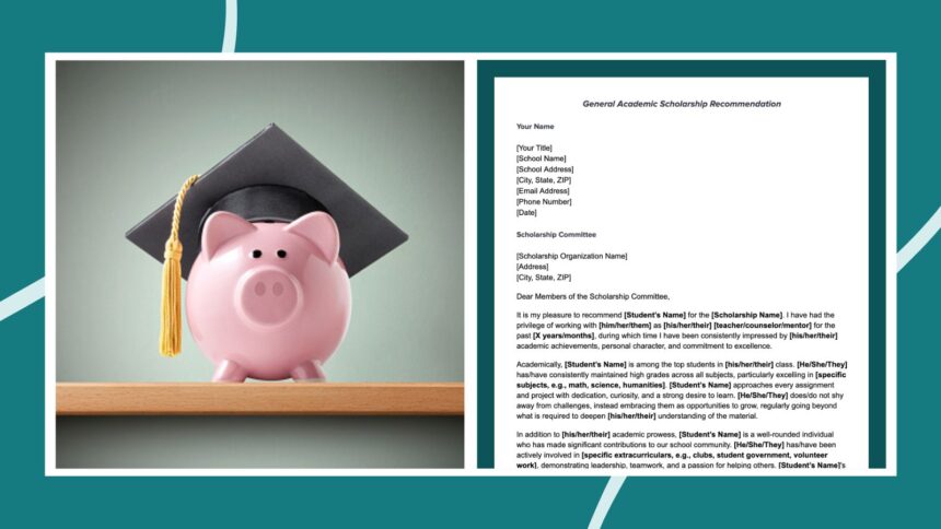 Piggy bank wearing graduation cap next to a college scholarship recommendation letter example letter.