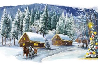 A painted Christmas scene with small houses, a decorated tree and a sleigh drawn by horses.