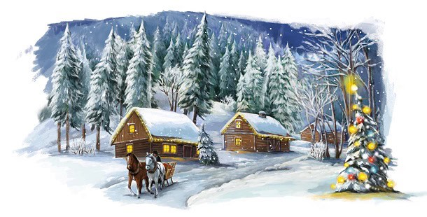 A painted Christmas scene with small houses, a decorated tree and a sleigh drawn by horses.