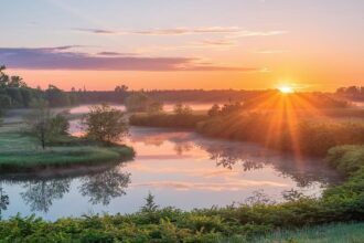 A sunrise by a river with lots of greenery.