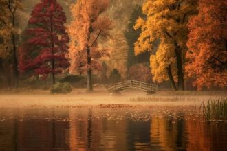 Beautiful fall colors on the trees by a lake.