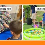 Collage of school carnival games, including Lollipop Pull and Fish Pond