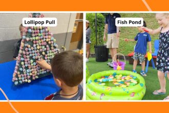 Collage of school carnival games, including Lollipop Pull and Fish Pond