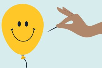 Illustration of hand popping smiley balloon to show toxic positivity in schools