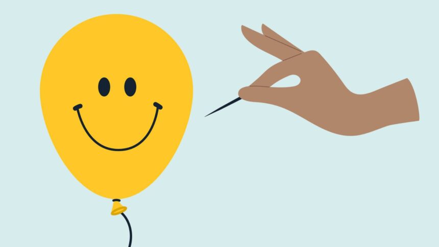 Illustration of hand popping smiley balloon to show toxic positivity in schools