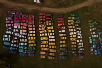 an aerial view of cars painted an arranged by color in a field