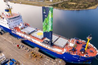 A nuclear waste tanker ship is testing a 65-foot-tall wing-sail