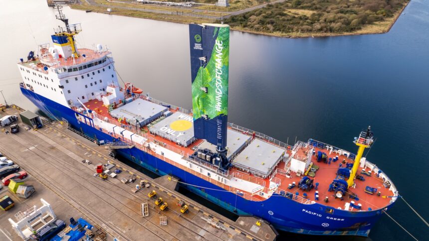 A nuclear waste tanker ship is testing a 65-foot-tall wing-sail