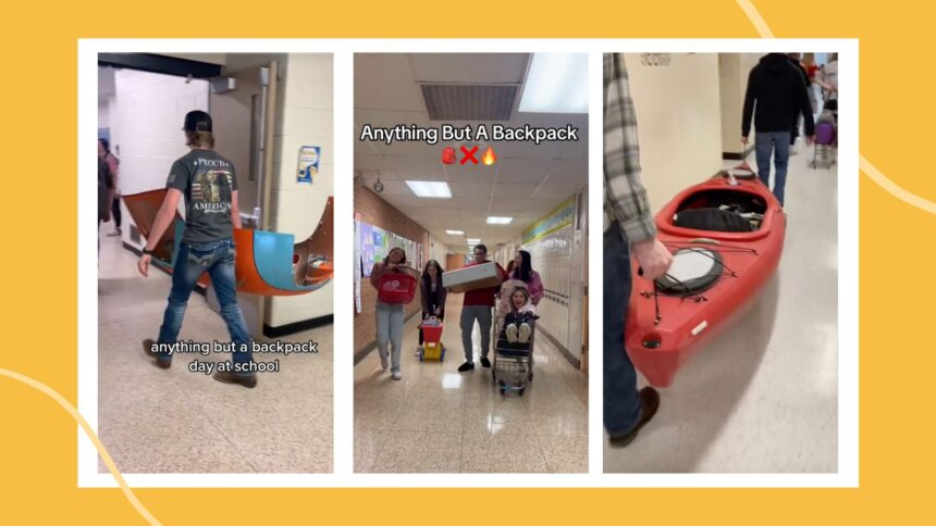 photo examples of students on Anything But a Backpack Day