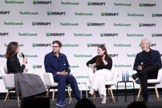 SAN FRANCISCO, CALIFORNIA - OCTOBER 29: (L-R) Connie Loizos, Editor-in-Chief & GM of TechCrunch, Ashton Kutcher, Effie Epstein and Guy Oseary speak onstage during TechCrunch Disrupt 2024 Day 2 at Moscone Center on October 29, 2024 in San Francisco, California. (Photo by Kimberly White/Getty Images for TechCrunch)