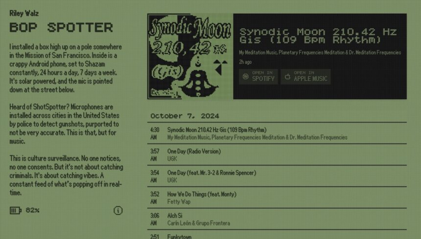 a screencap of a website called Bop Spotter, which collects music from passersby in San Francisco and lists it on the site