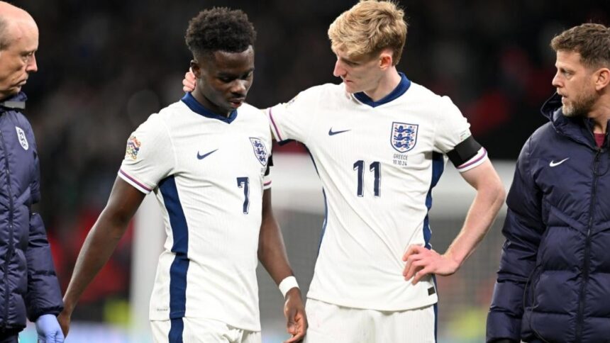 Bukayo Saka injury: Arsenal superstar taken off in England's shock home loss to Greece in UEFA Nations League