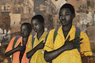 a collaged portrait of three young boys wearing yellow shirts, standing with their hands on their chests in front of a background of black-and-white photos