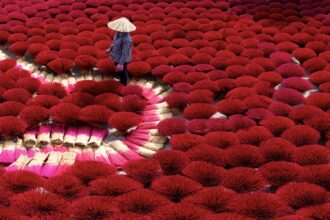 a panoramic photo of a figure wearing a wide-brimmed hat and walking among bouquets of red incense covering the ground