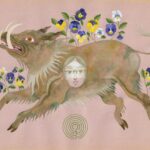 a painting on pink paper of a boar with flowers growing out of its back and legs, with a face superimposed on its torso