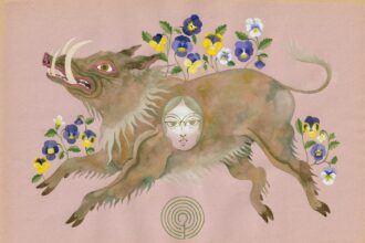 a painting on pink paper of a boar with flowers growing out of its back and legs, with a face superimposed on its torso