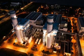 Aerial view of Natural Gas Combined Cycle Power Plant at nigh